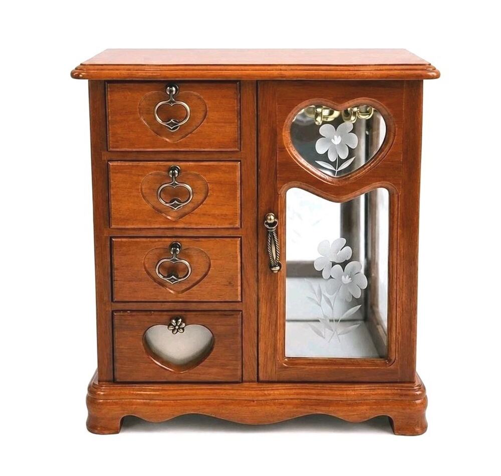 Vtg Musical Wooden Jewelry Box Armoire Heart Drawers Floral Etched Glass WORKING